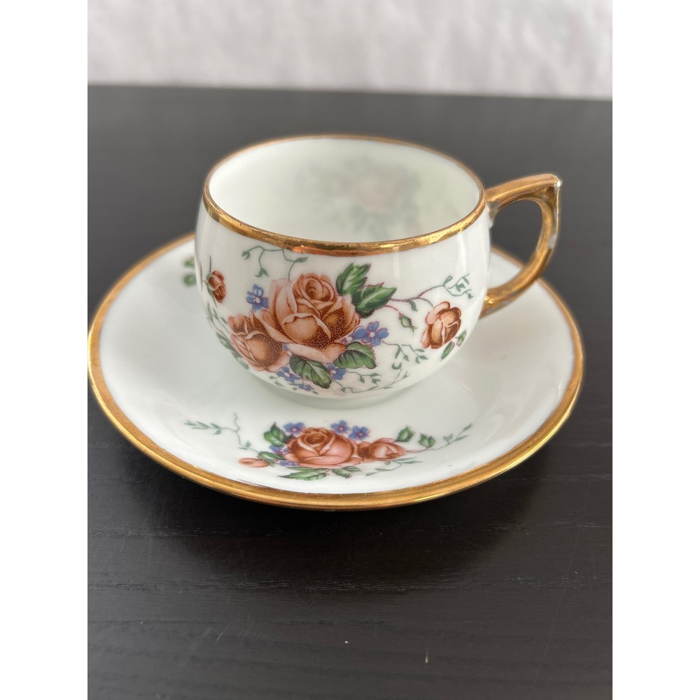 Vintage Rosa Hand Painted Porcelain Demitasse Espresso Cup and Saucer Rose Gold